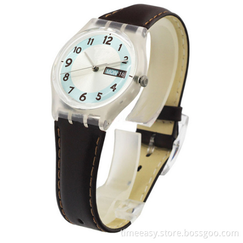 High Quality and Popular Plastic Watch with Leather Band